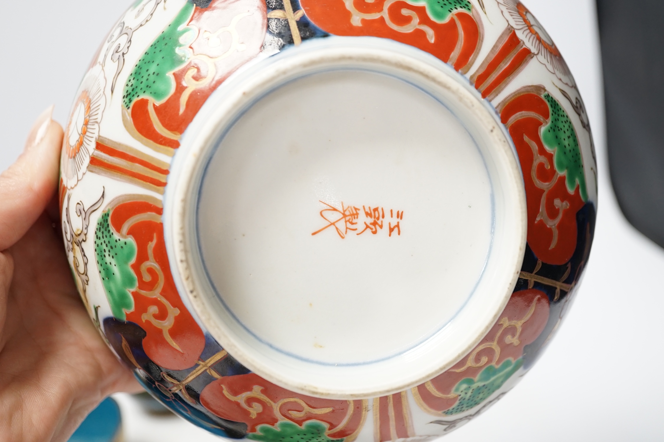 A Japanese Arita bowl and a quantity of Japanese and Chinese cloisonné enamel wares, tallest 17cm. Condition - fair